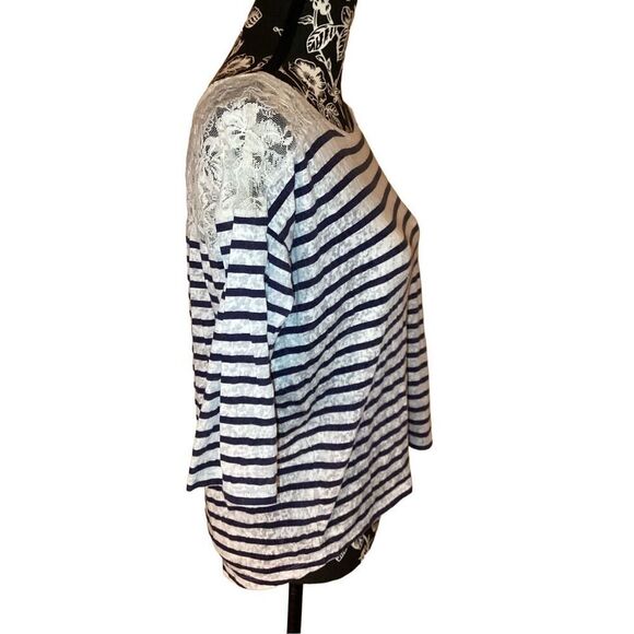 Striped Casual T Shirt School Preppy Lace Everyday Semi Sheer Lounge - Picture 4 of 6